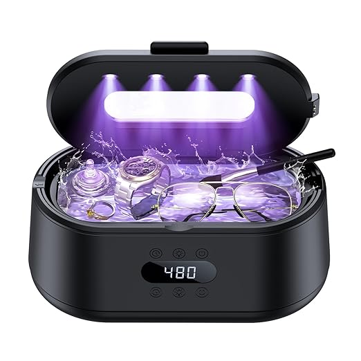 Ultrasonic Jewelry Cleaner, 50KHz Ultrasonic Cleaner Machine, Dual Modes & LED Display, 5 Cleaning Modes, 24W Sonic Cleaner for Jewelry, Eyeglasses, Watches, Rings, Watch Strap,Dentures(Black)