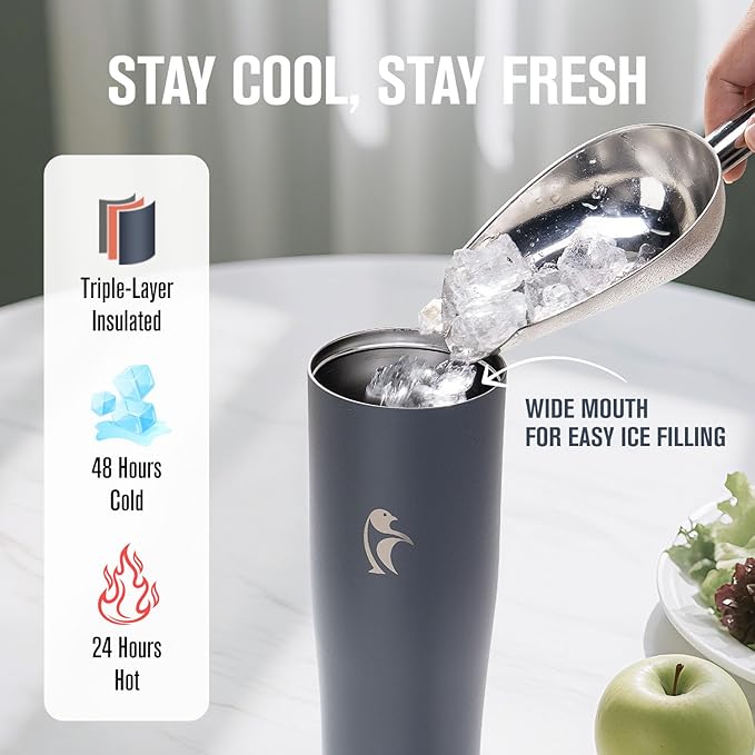 Coolflask Water Bottle 40 oz Fits Car Cup Holder, Slim Tumbler Stainless Steel with Straw & Handle, Vacuum Flask Leakproof Wide Mouth for Travel Sports Gym, Grey