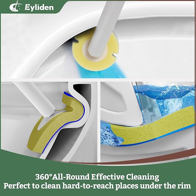 Eyliden Toilet Brush and Plunger Combo Set | 2-in-1 Disposable Toilet Bowl Wand Kit with 10 Refill Heads, Toilet Plunger, Compact Storage Holder | Bathroom Cleaning System for Home, White