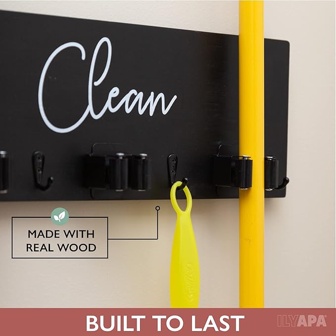 Ilyapa Mop and Broom Holder Wall Mount, Wooden Broom and Mop Organizer Wall Hanging, Magnetic Dryer Sheet Holder, Dryer Sheet Dispenser