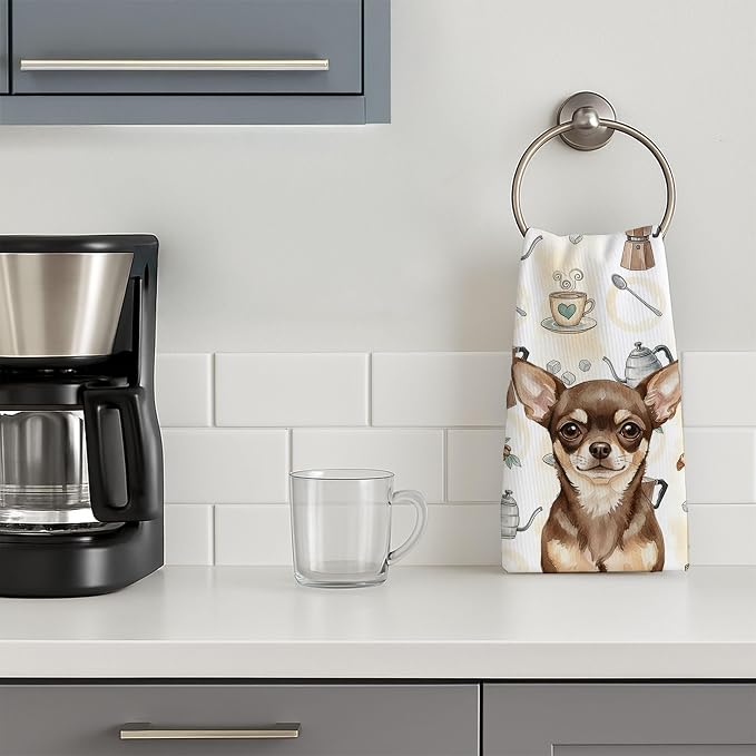Caroline's Treasures Chocolate Chihuahua Coffee Bar Kitchen Towel Velour Plush Front and Cotton Loop Back Machine Washable