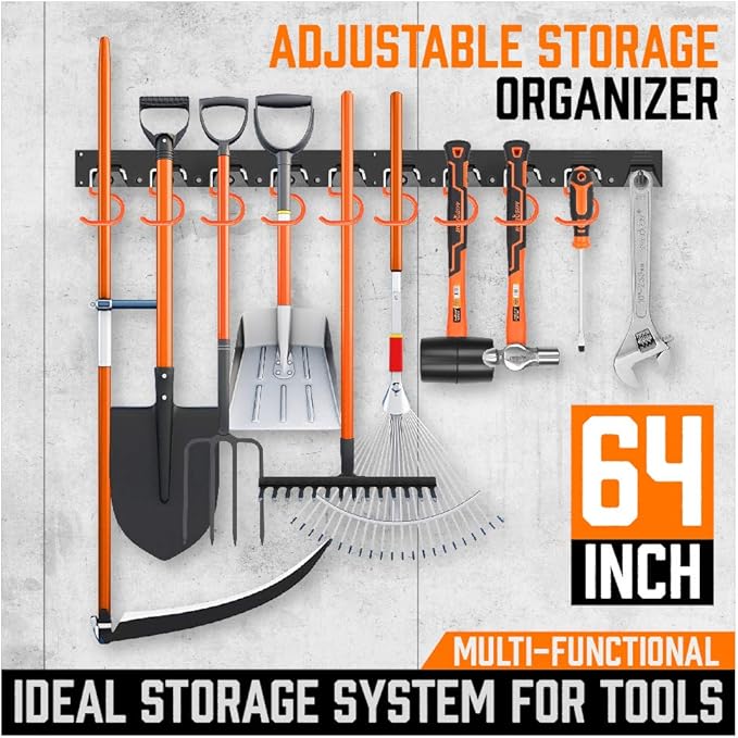 HORUSDY 64 Inch Adjustable Storage System, Wall Mount Tool Organizer, Tool Hangers for Mop and Broom Holder Shovel, Rake, Broom, Mop Holder, Etc (Pack of 2)