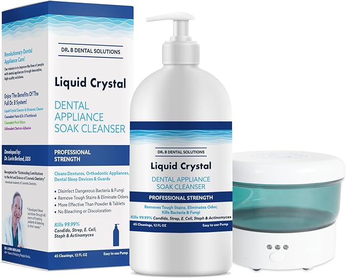 Dr. B Dental Liquid Crystal Soak Cleanser & Solutions Ultrasonic Cleaner Bundle | Complete Appliance Cleaning System for Dentures, Night Guards, Retainers & Aligners