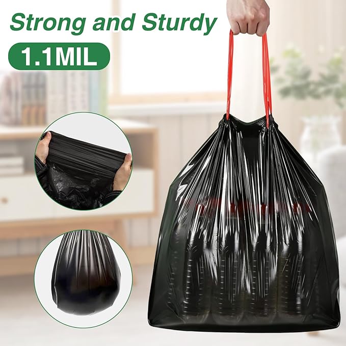 100 Counts 2.6 Gallon Trash Bag Drawstring Small Trash Bags, Thick Pre-separated Garbage Bags, Trash Bin Liners, Suitable for bathroom, kitchen, bedroom, office (Black)