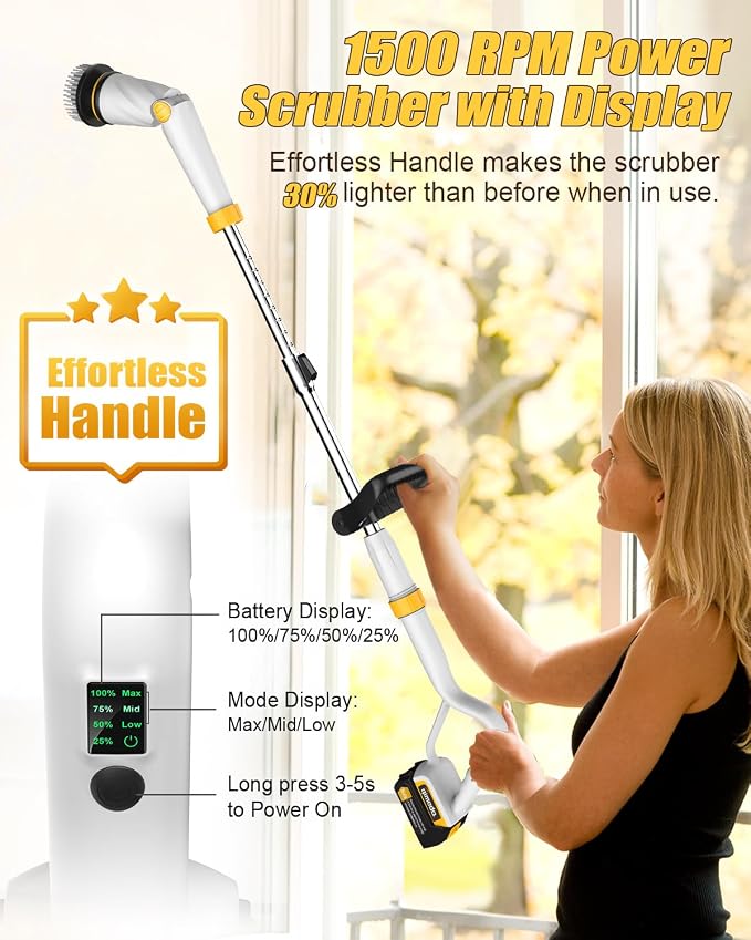 Qimedo Q2 Pro Electric Spin Scrubber, 1500 RPM High Power Cordless Shower Cleaner with Display & Effortless Handle, 16 Replacement Brush Heads Compatible with Qimedo, Leebein, Keimi, Alloyman, YKYI