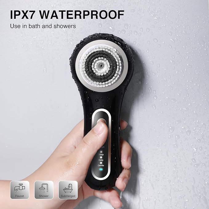 Facial Cleansing Brush, Rechargeable Electric Face Scrubber with 5 Brush Heads, IPX7 Waterproof Spin Brush for Deep Cleansing, Exfoliating & Massaging – Black