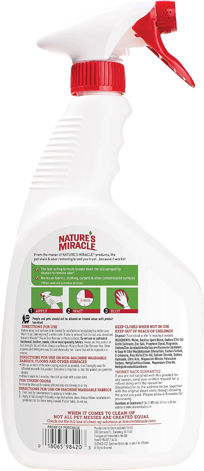 Nature's Miracle Skunk Odor Remover, Removes Skunk Odors On Fabrics, Clothing, Carpets And Other Surfaces, 32 Fluid Ounces (Pack of 2)