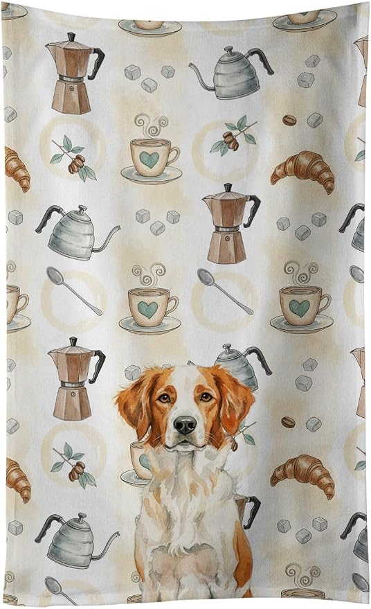 Caroline's Treasures Orange and White Brittany Coffee Bar Kitchen Towel Velour Plush Front and Cotton Loop Back Machine Washable