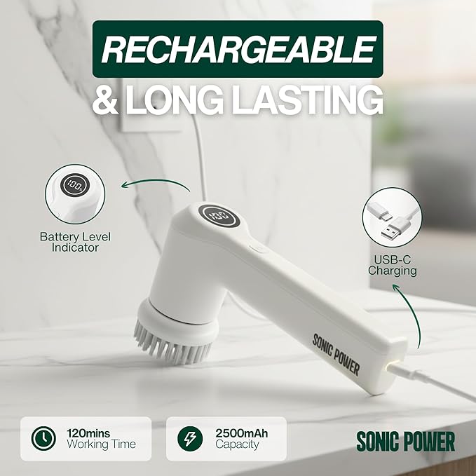 SonicPower Electric Spin Scrubber – Handheld & Ergonomic, IPX7 Waterproof, 4 Multi-Purpose Brush Heads, Long-Lasting Rechargeable Battery – Cleans Dishes, Bathroom, Tile, Grout & Kitchen (White)
