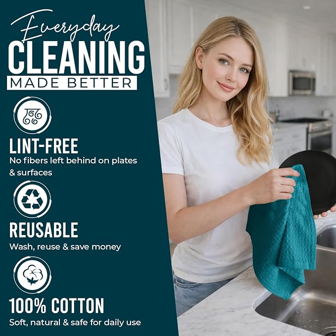 DAN RIVER Premium Dish Cloth 100% Cotton 12 X 12 Inches |Pack of 8|-Ultra Soft Tea Towels-Highly Absorbent Kitchen Rags-Terry Dishcloth for Kitchen and Household Cleaning |Teal|