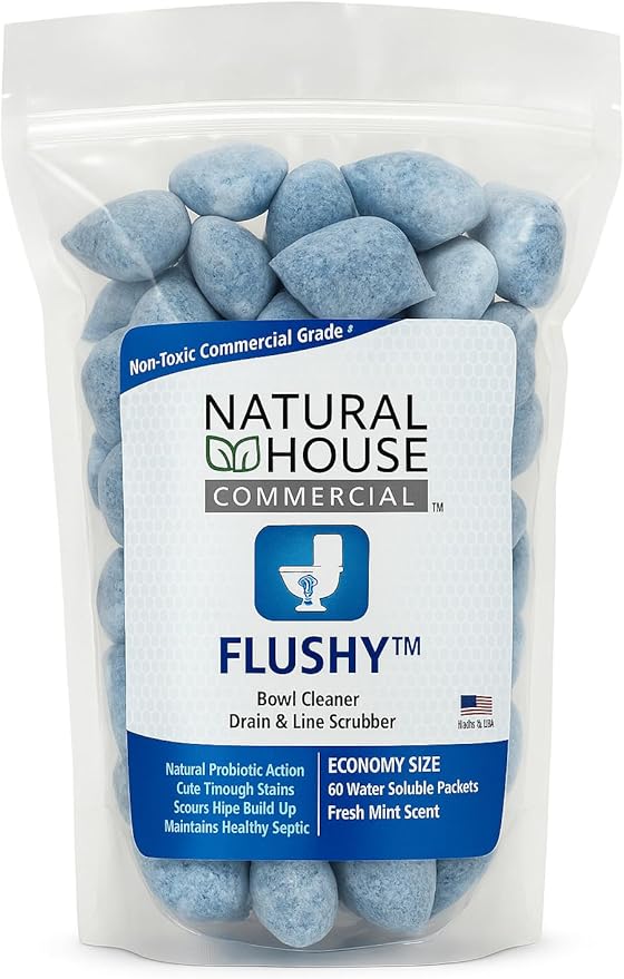 Enzyme Toilet Bowl Cleaner & Septic Treatment - Natural House Flushy - Probiotic Foaming Pods Remove Hard Water Stains, Rust, Calcium - Mint Scent - 60 Count