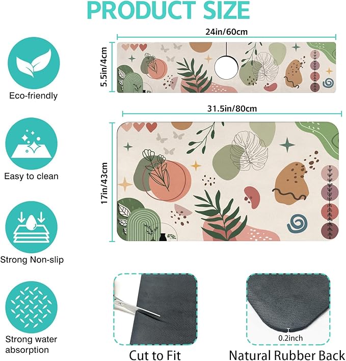 Dish Drying Mat for Kitchen Counter Matt, 2PCS 31.5"x17" Dish Drainer Mat & 24"x5.5" Sink Splash Guard, Super Absorbent Non-slip Rubber Backed