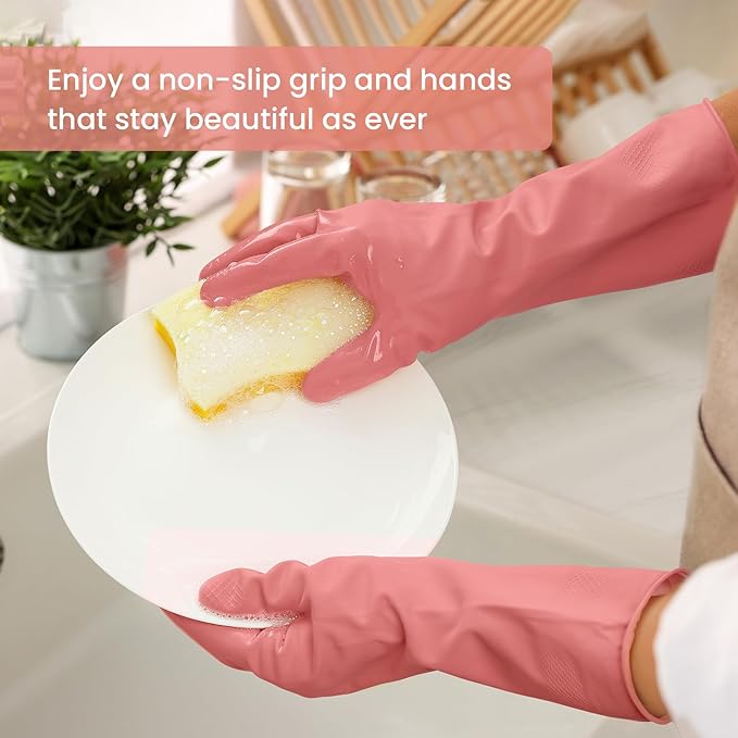 Rubber Cleaning Gloves for Dishwashing, 12 Pairs Reusable Kitchen Gloves for Washing Dishes and Household Cleaning, Colorful Gloves with Flocked Lining and Non-Slip Grip, Perfect for Women Men - S