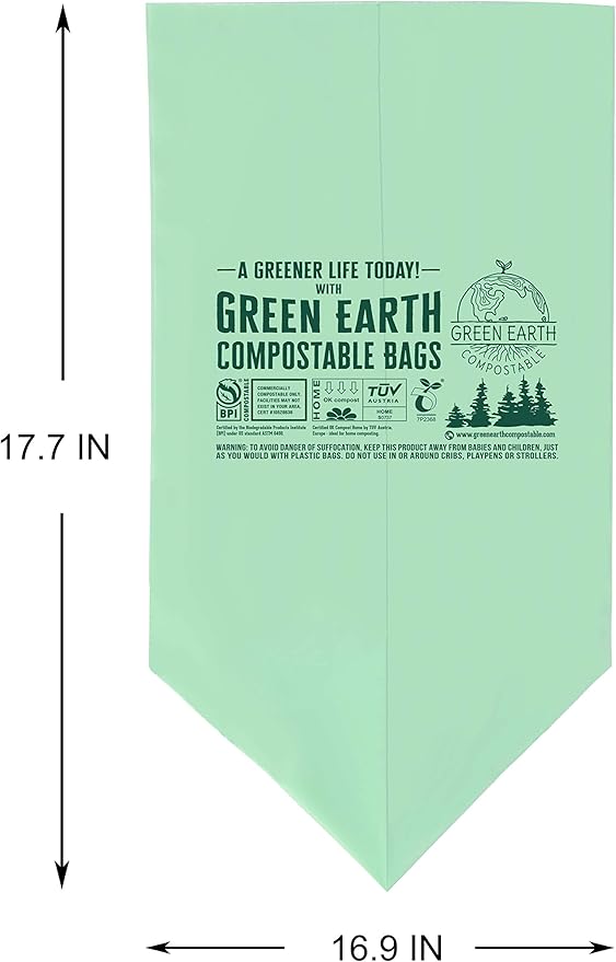 Green Earth Compostable Small Kitchen Food Scrap Trash Bags, Compost Bin Compatible, 3 Gallon, 11.35 Liter, 300-Count, Extra Thick 0.71 Mil, ASTM D6400, BPI (US) & OK Compost Home (EU) Certified
