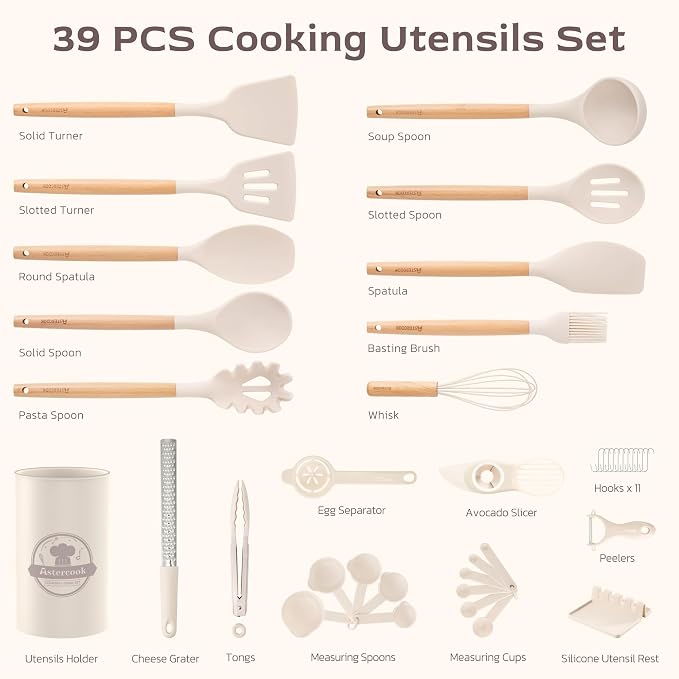 Astercook Kitchen Utensils set, 39 PCS Silicone Cooking Utensils Set with Wooden Handle, 446°F Heat Resistant Food Grade Utensil Sets, BPA Free Kitchen Gadgets Tools Set for Nonstick Cookware (Cream)