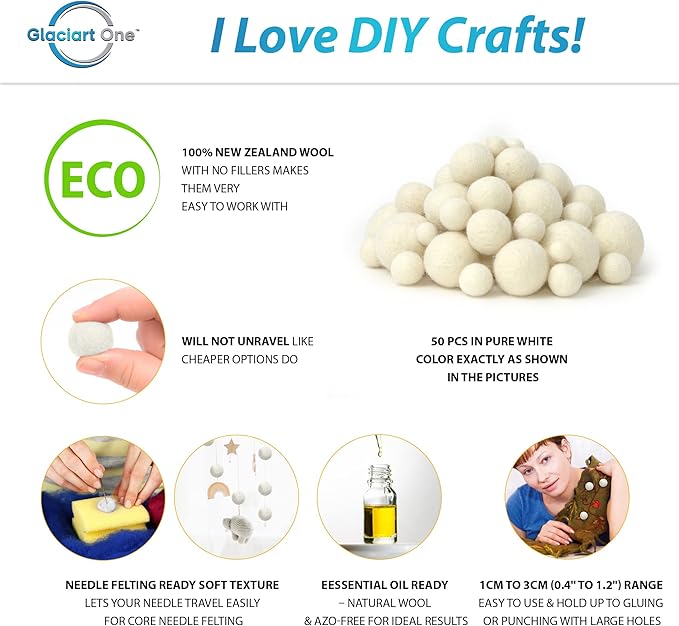 Glaciart One Wool Felt Balls, Felt Ball (50 Pieces) Mixed Sizes from 1 to 3 Centimeters, Handmade Felted Pure White Color - Bulk Small Puff for Felting and Garland