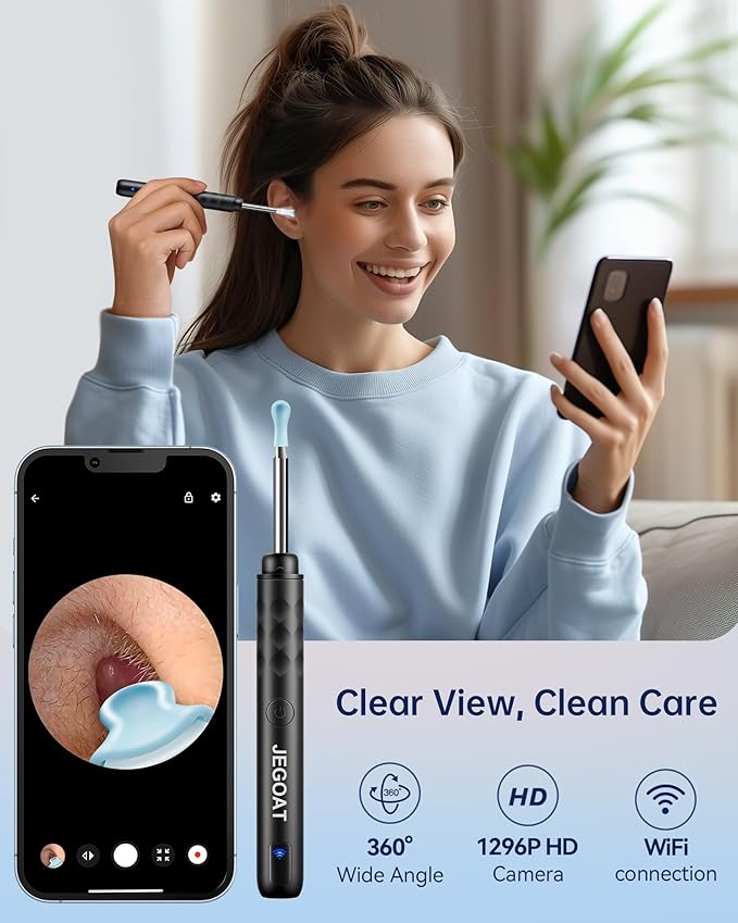 Jegoat Ear Wax Removal, Ear Wax Removal Tool Camera with 1296P HD Camera and 6 LED Lights, Ear Cleaner with 10 Ear Pick, Upgraded Ear Wax Removal Kit for iOS and Android, Glossy Black