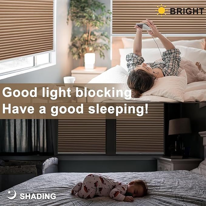 MYshade Cordless Blackout Cellular Shades, 1.5" Honeycomb Window Blinds for Bedroom & Nursery, Thermal Insulated, Noise Reducing, Privacy Shades, Inside or Outside Mount (50" W x 72" H, Light Brown)