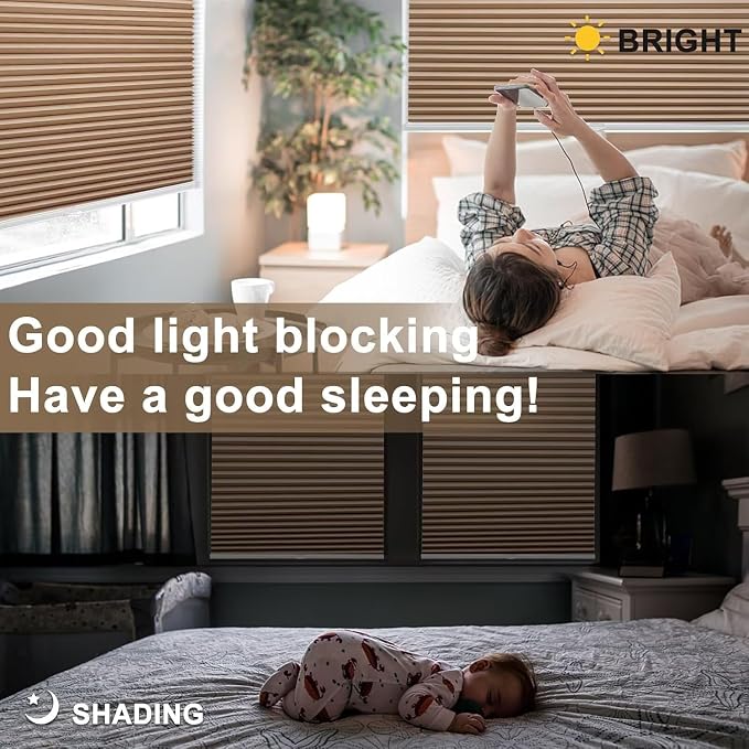 MYshade Cordless Blackout Cellular Shades, 1.5" Honeycomb Window Blinds for Bedroom & Nursery, Thermal Insulated, Noise Reducing, Privacy Shades, Inside or Outside Mount (38" W x 64" H, Light Brown)