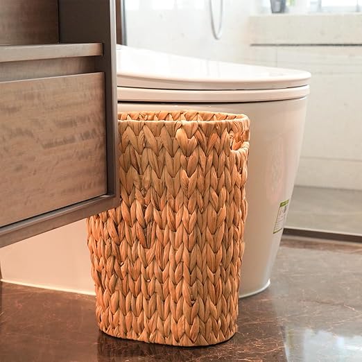PINXIURY Bathroom Wicker Trash Can Wicker Waste Basket with Built-in Handles Water Hyacinth Hand Woven Garbage Can for Bedroom Office Kitchen 100% Handmade,5 Gallon