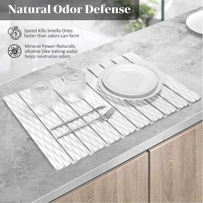 Large Stone Dish Drying Mats for Kitchen Counter, 24"(L)×16"(W) Ripple - Pattern, Fast Drying Collapsible Dish Drying Mat, Eco-Friendly Absorbent Diatomaceous Earth Mats for Match Any Countertop