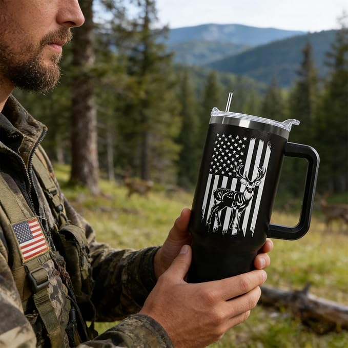 Ceovfoi Hunting Gifts for Men, 40 oz Deer Hunting American Flag Stainless Steel Tumbler with Handle Lid and Straw, Hunting Stuff Supplies Accessories