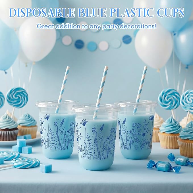 LemonRoad 50sets 16oz Blue Flower Cups Blue Birthday Party Decorations Supplies Cute Plastic Cups Disposable with Lids and Straws for Valentines Galentines Day Christmas Wedding Baby Shower