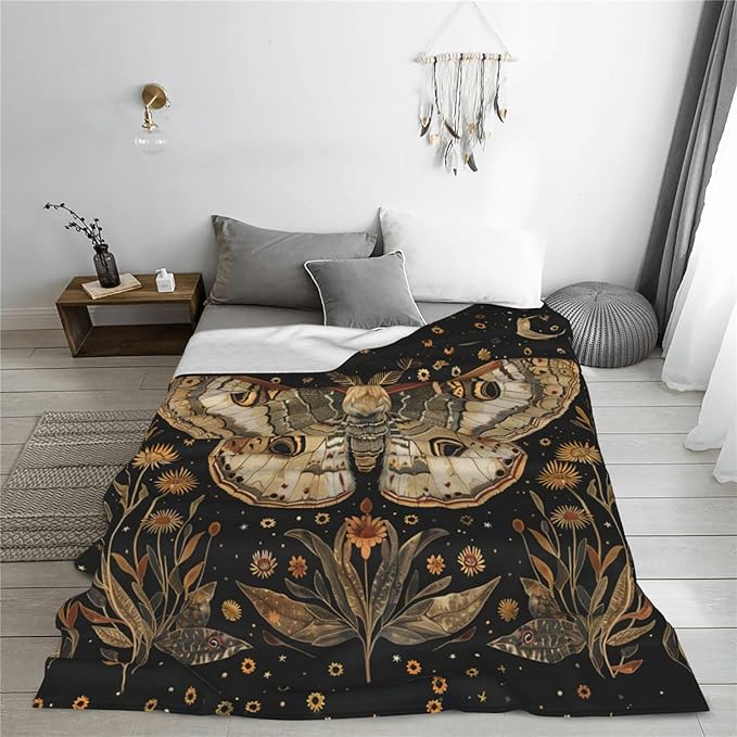 Moth Moon Blanket Witchy Vintage Butterfly Sunflower Decor Throw Blanket Comfy Plush Flannel Fleece Warm Soft Fuzzy Blanket Gothic Gifts for Girls Boys Women Teens for Room Bed Sofa Couch 60"X80"
