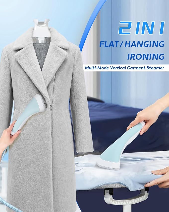 Garment Steamer for Clothes Standing Flat Hanging Ironing Suitable for All Fabric Types, Rapid Heats in 25s for 1 Hour Continuous Steam, with Garment Hanger, Ironing Board, Ironing Gloves