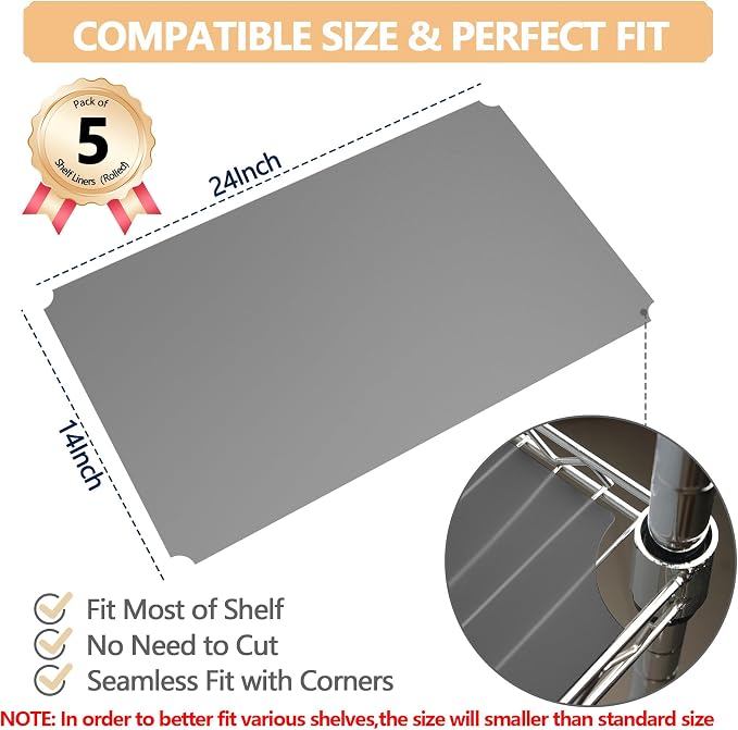 5pcs 14"x24" Plastic Shelf Liners for Wire Shelf Systems – Non-Slip Mats, Grey – Ideal for Kitchen, Pantry & Garage Organizing