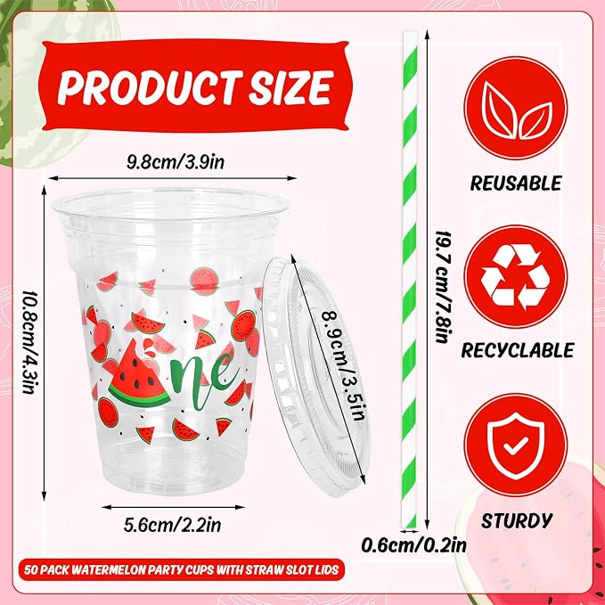 Whaline 50Pcs Watermelon Disposable Plastic Cups with Lids and Straws 12Oz Summer Fruit Cold Beverage Drinking Cups for First Birthday Baby Shower Party Supplies