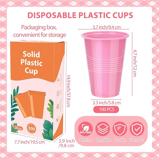 Kochorie 100 Pack Disposable Plastic Cups 16 Oz Solid Color Drinking Cups Party Supplies Strong and Sturdy Drinkware Cup For Birthday, Wedding, Baby Shower, Gender Reveal Party& Daily Use, Pink