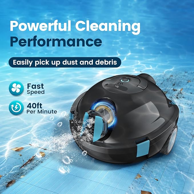 Y10 Robotic Pool Cleaner,Cordless Pool Vacuum with 150 Mins Runtime,High Efficiency Dual Suction Power,Self-Parking&Smart Navigation for Above-Ground & Flat Inground Pools up to 1300 sq.ft (Black)