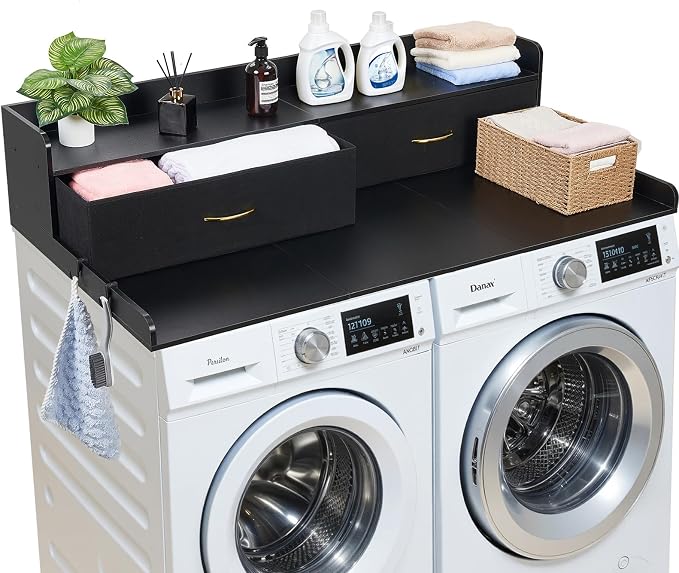 VEVOR 2 Drawers Washer Dryer Countertop with Shelf, 54" x 27" Wooden Laundry Countertop with 2 Hooks & Splicing Panels, Washer and Dryer Topper, Laundry Room Organization and Storage, Black