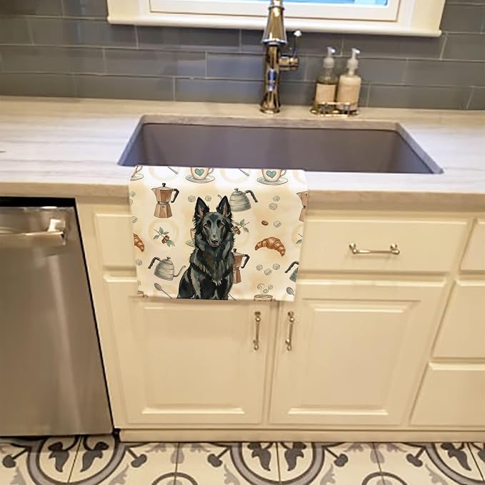 Caroline's Treasures Belgian Sheepdog Groenendael Coffee Bar Kitchen Towel Velour Plush Front and Cotton Loop Back Machine Washable