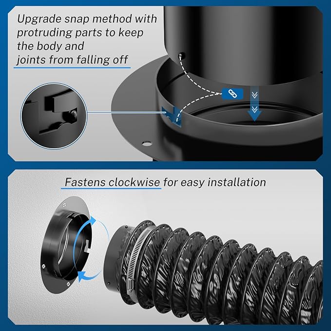 Hon&Guan 4In Dryer Vent Connector, Iron Twist Lock Dryer Vent Wall Plate and Insulated Flexible Duct 8FT with 2 Duct Clamps