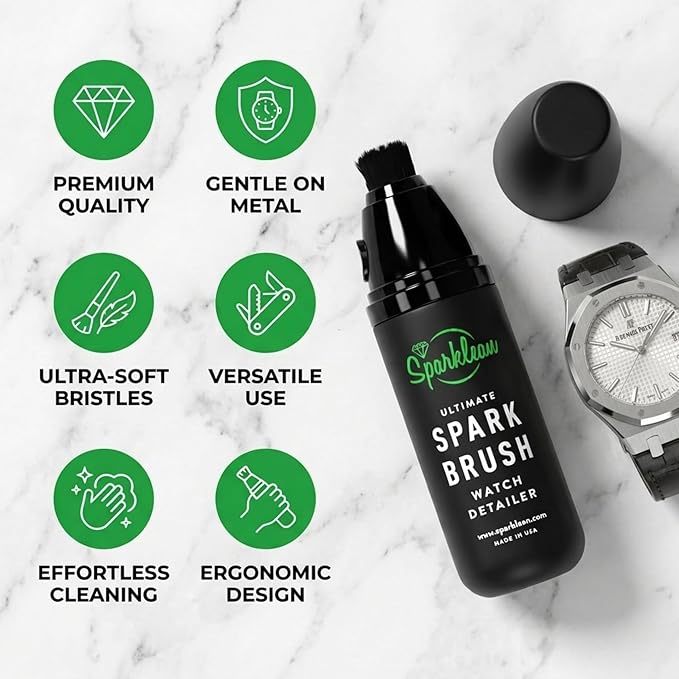 Sparklean SparkBrush Watch Cleaning Brush + Diamond Ring Cleaning Kit · Pre-Filled Solution · 200+ Cleans · Ammonia-Free pH-Balanced · Steel Gold Ceramic Titanium Rubber · Made in USA Since 2000