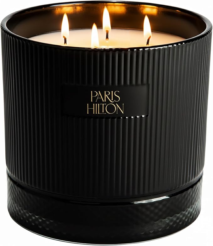 Paris Hilton Cupcake Sprinkles Scented Candle, Black Ribbed Glass Vessel with Faceted Diamond Detail, Premium Plant Wax Blend, 4-Wicks, 40-Ounce