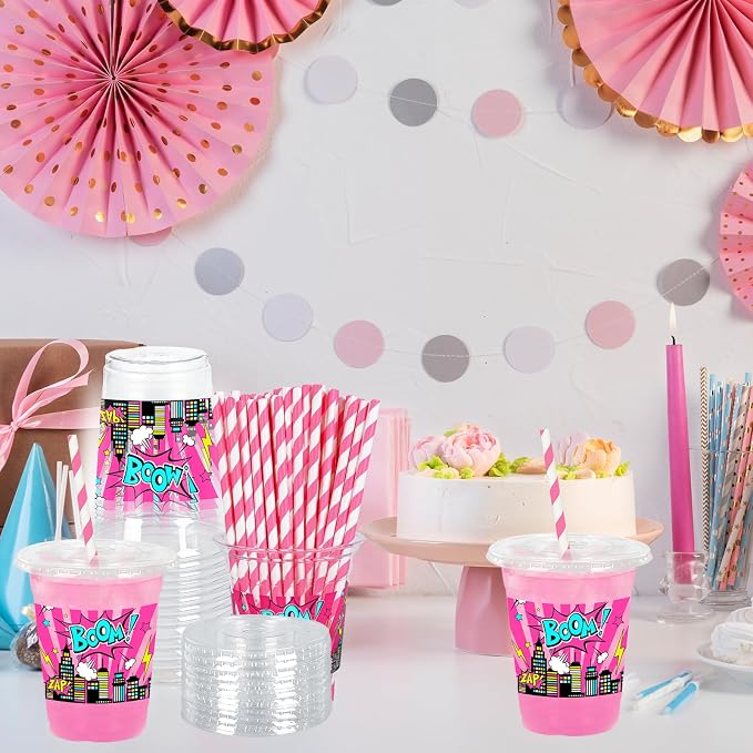 FYSUIMU 50Pcs 12Oz Pink Hero Themed Plastic Cups with Lids & Straws Skyline Super Girly Building Disposable Clear Drinking Cups for Birthday Baby Shower Party Supplies