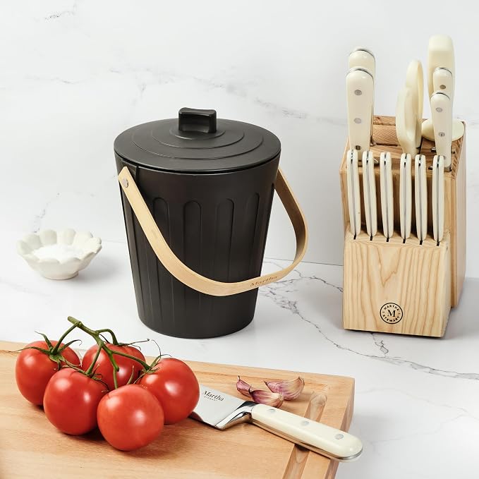 Martha Stewart Indoor Compost Bin Starter Bundle | Countertop Composting Bucket for Kitchen | .7 Gallon Capacity | Includes 6 Filters and Silicone Liner Bag | Plant Based Materials | Charcoal Black
