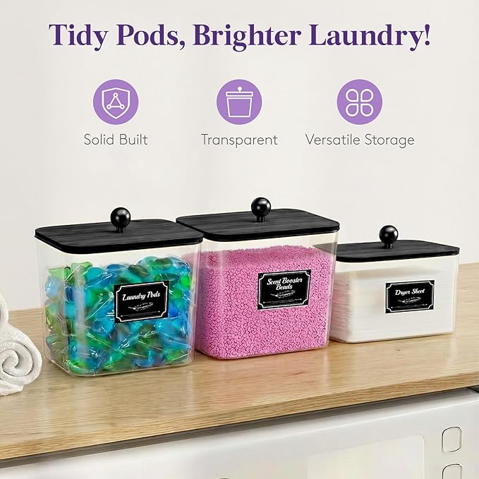 Lifewit 3 Pcs Laundry Pods Container with Bamboo Lid, Dryer Sheet Holder, Laundry Room Organization for Washing Powder, Scent Booster Beads, 2600 +2000ml/0.53+0.7gal