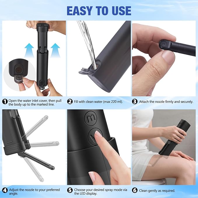 Portable Bidet for Travel, Rechargeable Electric Travel Bidet with LED Display, 3 Water Flow Modes, IPX7 Waterproof, USB-C Personal Hygiene Device for Women, Men & Babies