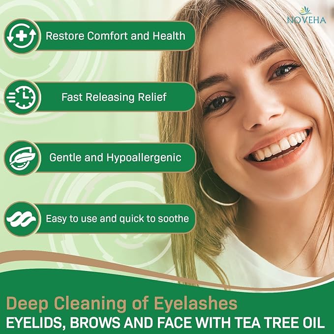 NOVEHA 120PCs Tea Tree & Coconut Oil Eyelid & Lash Wipes - For Demodex, Blepharitis & Itchy Eyes, Individually Wrapped Eyelash Wipes With Aloe Vera, Natural Makeup Remover & Daily Eye Cleanser - 2pack
