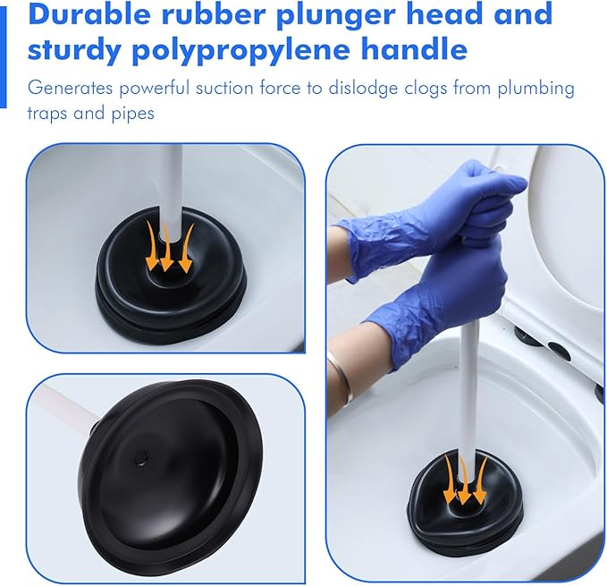 Reallnaive 6 Pack Toilet Plungers Bulk with 19.7 Inch Long Handle Force Suction Cup Rubber Plunger for Bathroom to Fix Clogged Toilets Drains (Black)