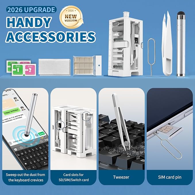 2026 Upgrade Phone Cleaning Kit 57PCS, iPhone Cleaning Kit, Airbud Cleaning Kit for AirPods, Keyboard Cleaning Kit, Charging Port Cleaner for Apple Lightning/Android USB-C (White, with 10 Mini Brush)