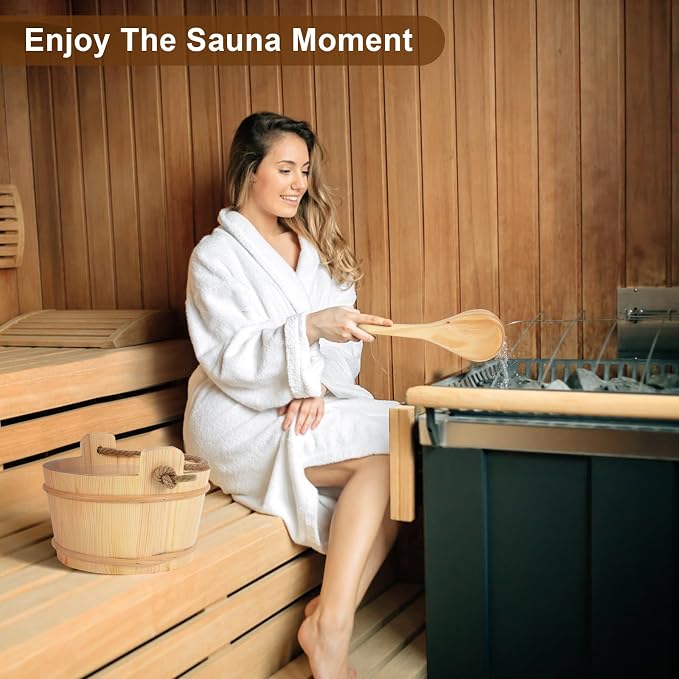 6L Wooden Sauna Bucket and Ladle Set, Handmade Pine Sauna Bucket with Rope Handle,Natural Pine
