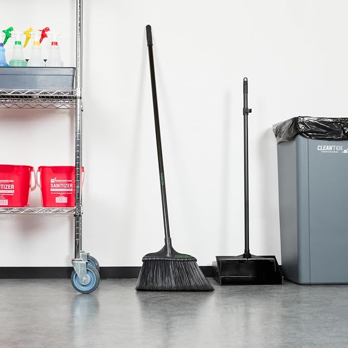 Restaurantware-Clean Tek Professional 13.78 Inch Heavy-Duty Broom, 1 Angle Broom with 58” Steel Handle - Flagged Bristles, Durable Wooden, Commercial Use, for Deck, Driveway, Garage, Yard, Patio