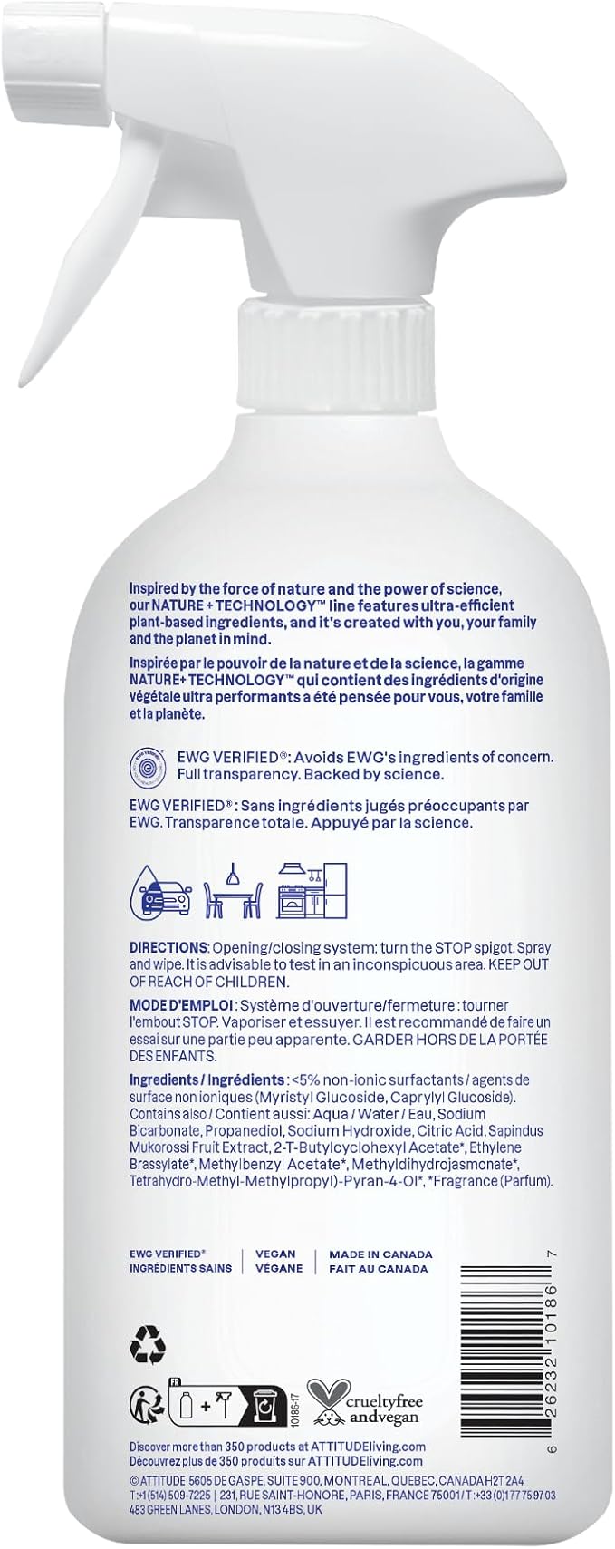 ATTITUDE All Purpose Cleaner Spray, EWG Verified, Vegan, Made with 94% Plant-Based Ingredients, Streak-Free for Kitchen, Bathroom, Glass & More, Pink Grapefruit, 27.1 Fl Oz (Pack of 3)