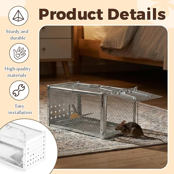 2 Pack Humane Rat Trap Cage, Live Chipmunk Rodent Cage Indoor Outdoor, Reusable Metal Mouse Trap for Rats, Mice, Squirrels