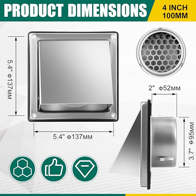 4 Inch Dryer Vent Cover Outside, 304 Stainless Steel Exterior Wall Cover with Cushioned Backdraft Flap, Bird Guard, Sealing Gasket, Weatherproof Dryer Exhaust Vent Cap(Hexagon)